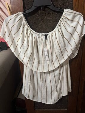 White House Black Market Cream Blouse with Brown Stripes